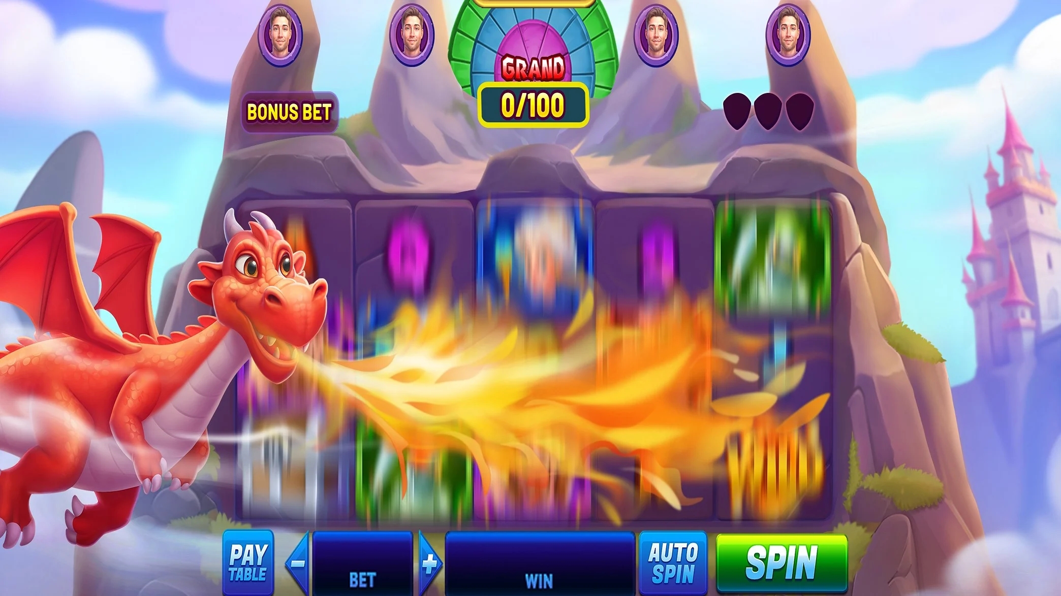 An Image showing Empire of Fire and Gold slot showing dragon flying across reels breathing fire for wild symbols