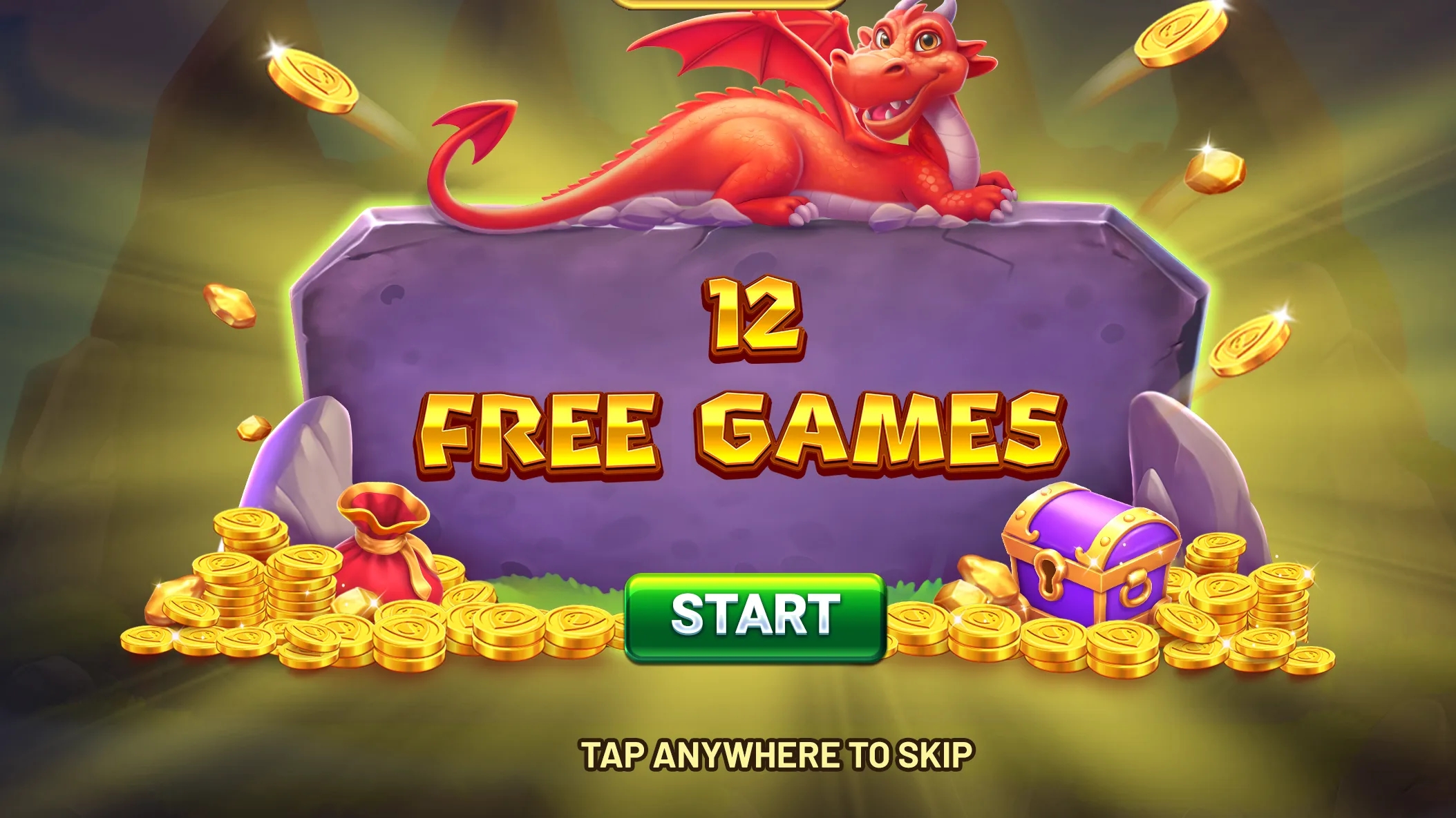 An Image showing Empire of Fire and Gold free spins bonus screen with coins and a dragon sitting on a stone slab