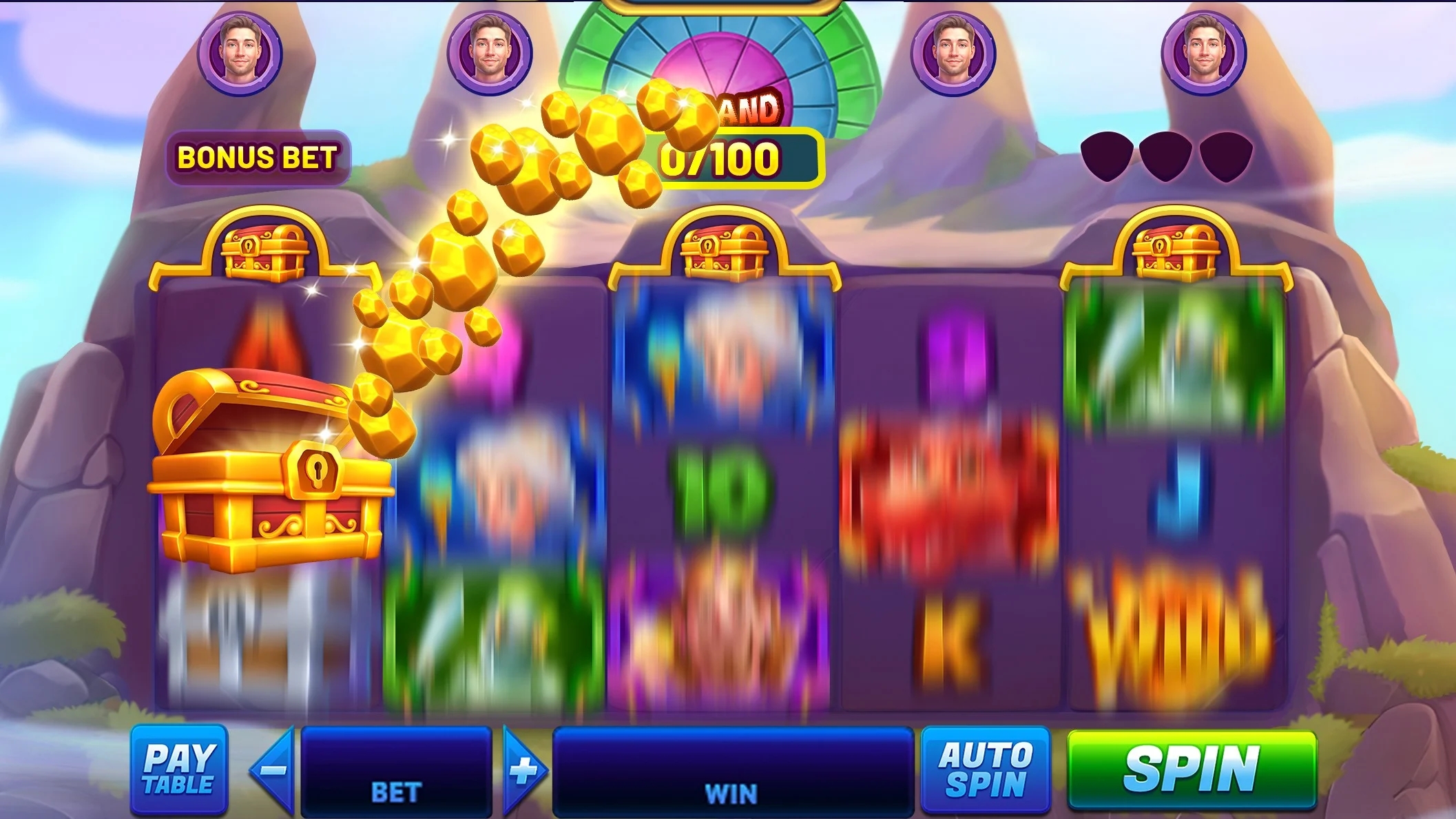 An Image showing Empire of Fire and Gold slot reels with various chest symbols and bonus meter