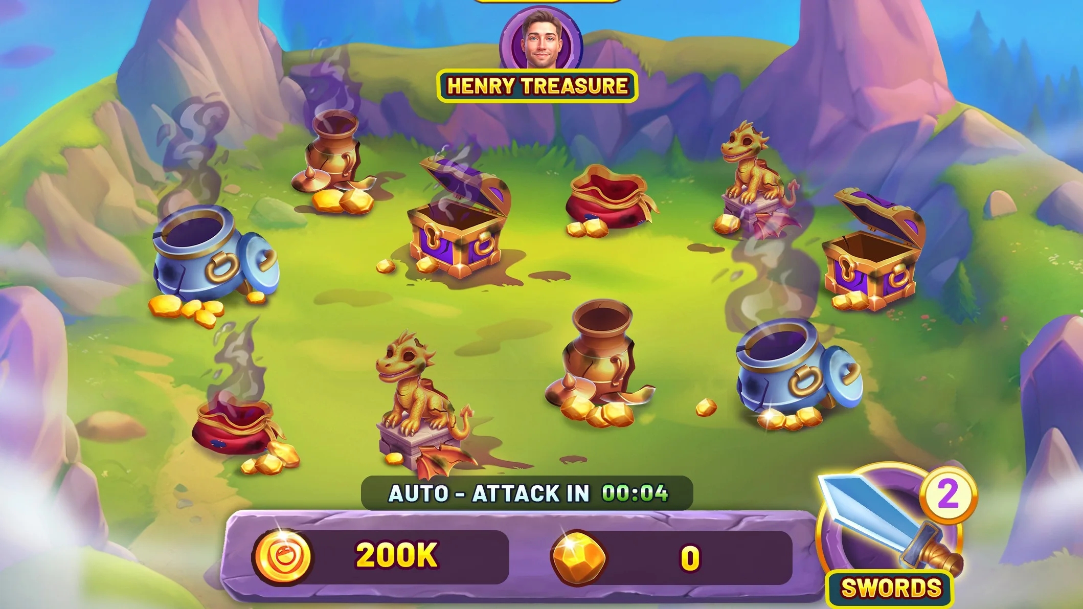 An Image showing Empire of Fire and Gold raid screen with pots, chests, dragons, and sword selection UI