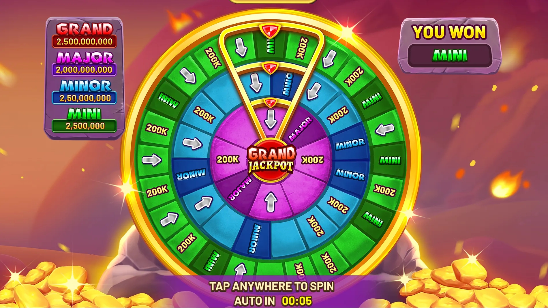 An Image showing Empire of Fire and Gold dragon's wheel bonus showing jackpot tiers from mini to grand