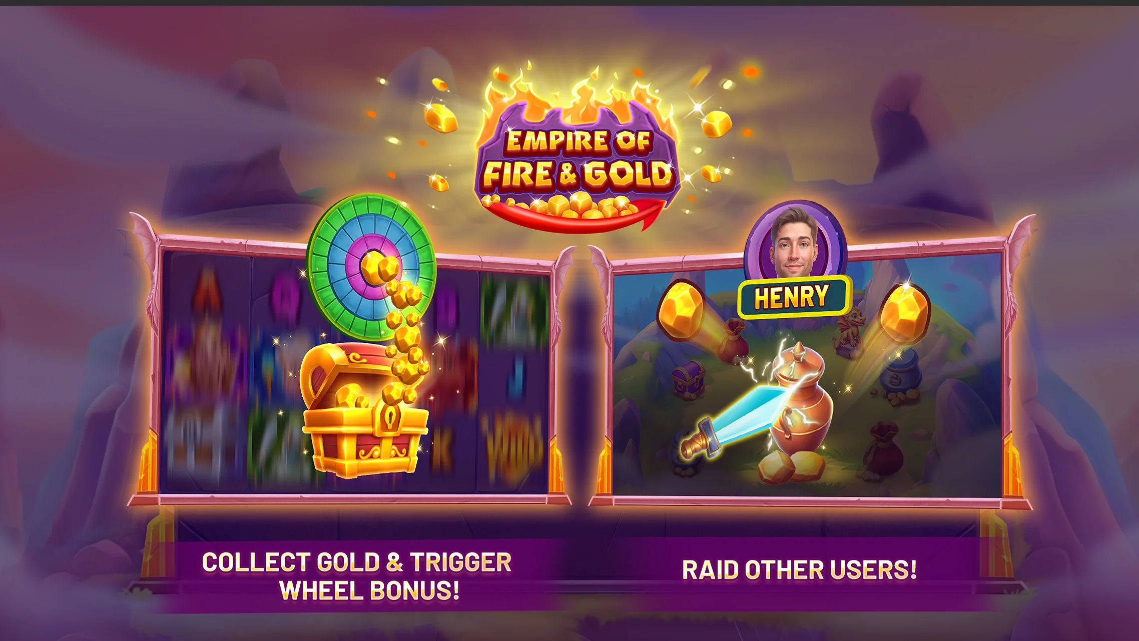 An Image showing How to play screen in Empire of Fire and Gold featuring raid, wheel bonus, and shield collection