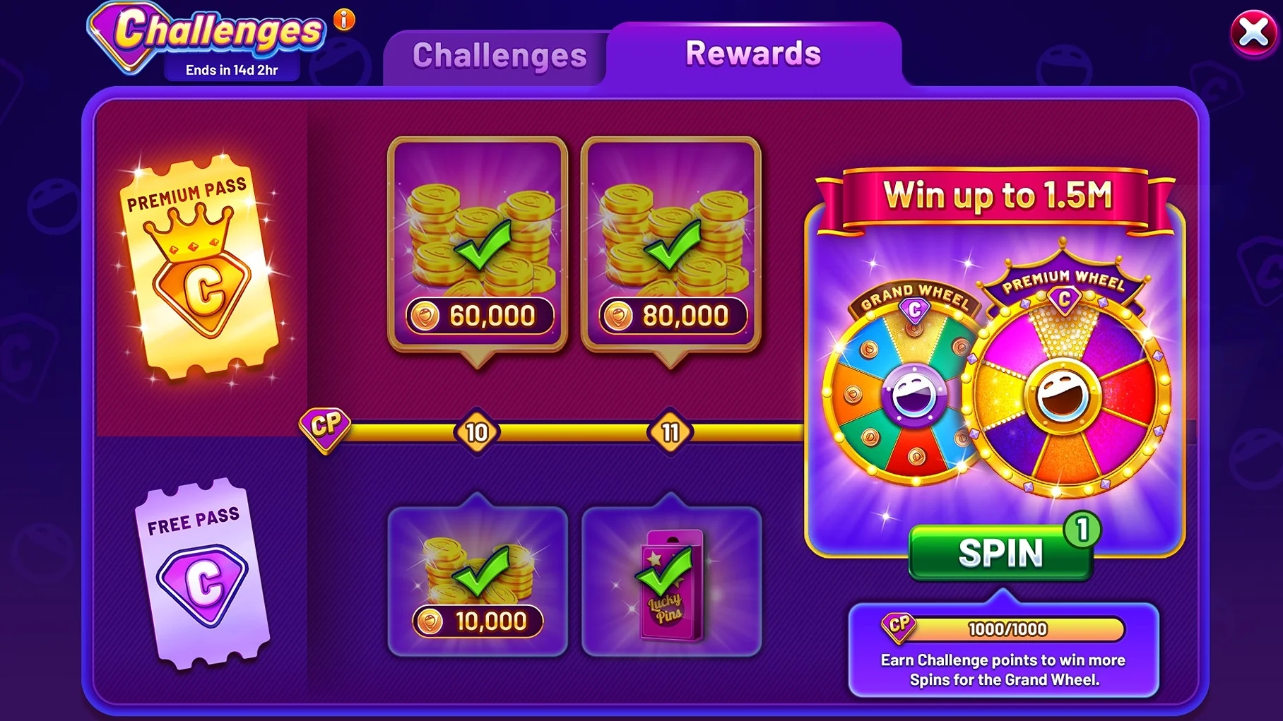 An Image showcasing Slot challenges screen showing progress bars, CP points, and challenges to complete