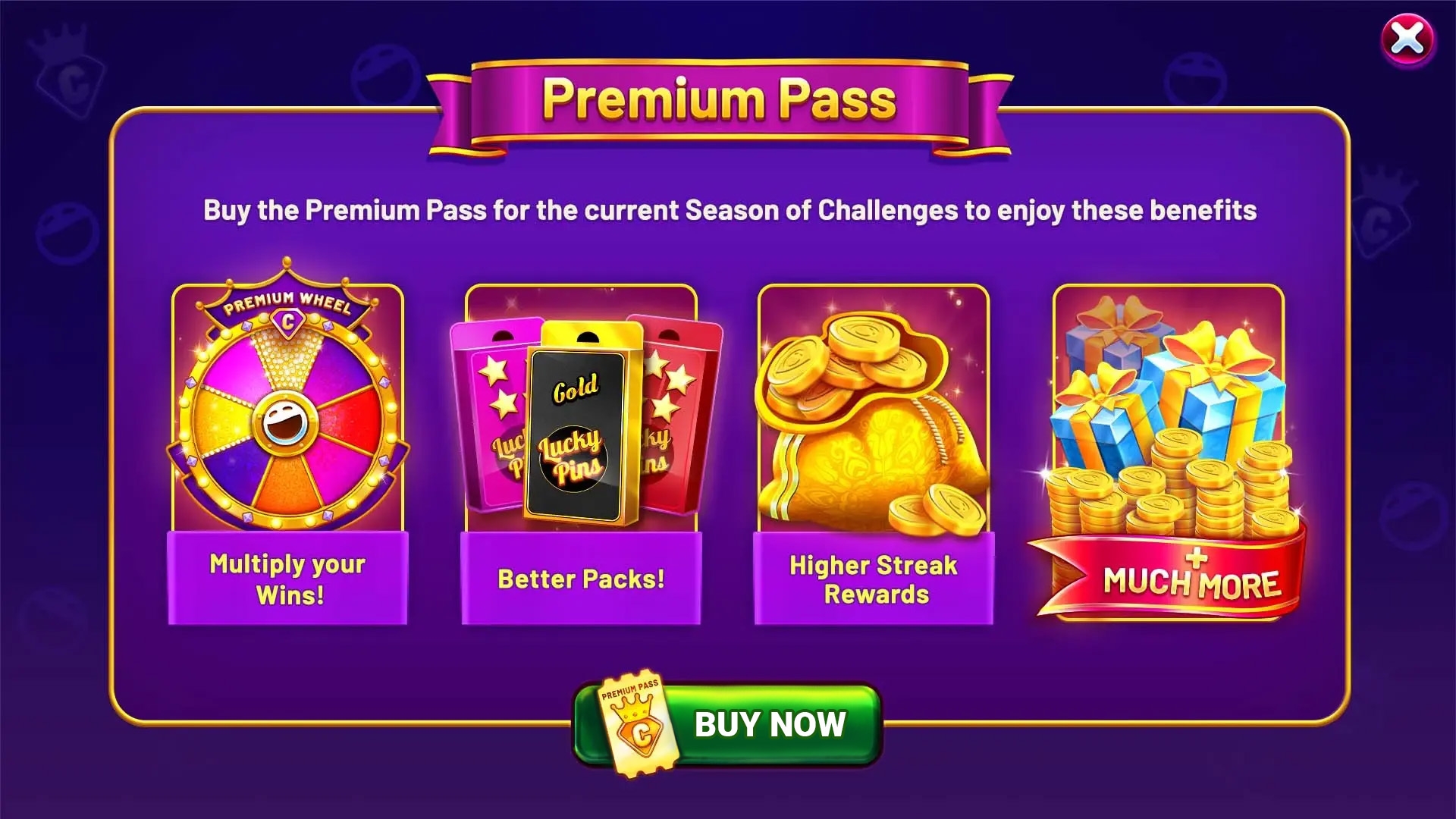 An Image showcasing Premium Pass benefits screen for slot challenges with bigger rewards