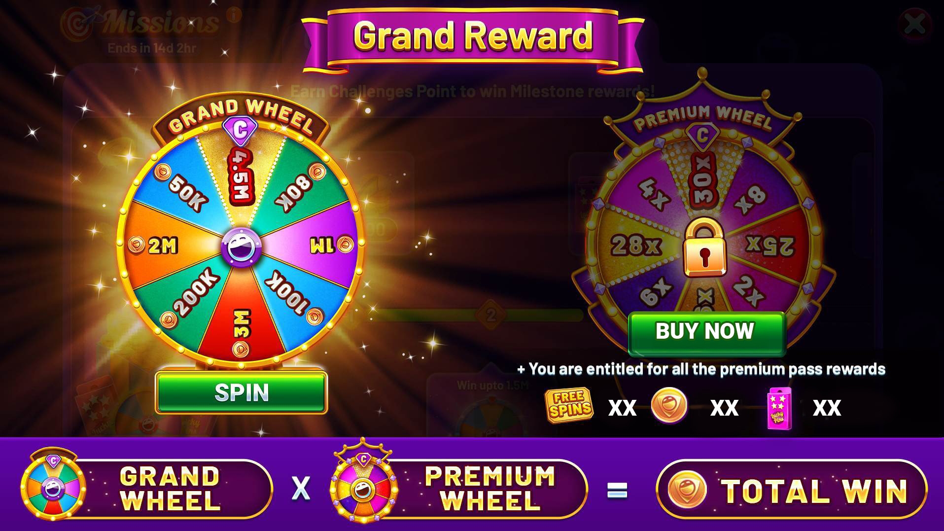 An Image showcasing Grand Reward Wheel and Premium Wheel spins with jackpots and bonus multipliers